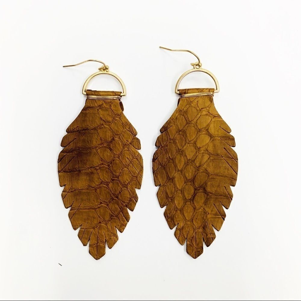 Leather Snake Skin Embossed Leaf Drop Earrings